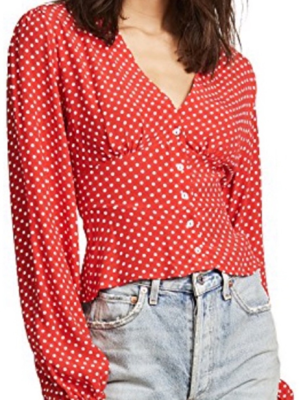 Free People Retro Red Polka Dot Long Sleeve Blouse
